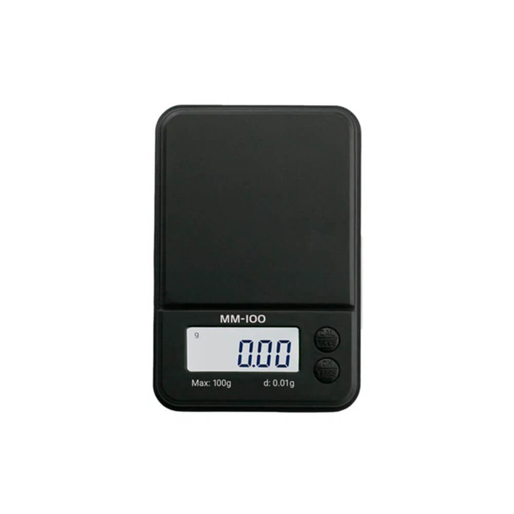 On Balance MM-100 Black digitale mini-weegschaal met zwart ontwerp, verlicht display, en bedieningsknoppen, meet nauwkeurig tot 100g met een precisie van 0,01g