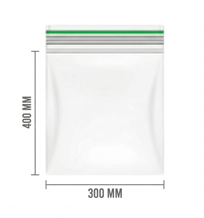 Transparante gripzak 300x400mm met groene druksluiting,  met maataanduidingen 300 MM breed en 400 MM hoog