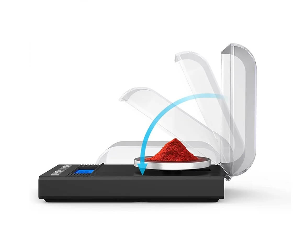 Openklappende beschermkap van digitale zakweegschaal.